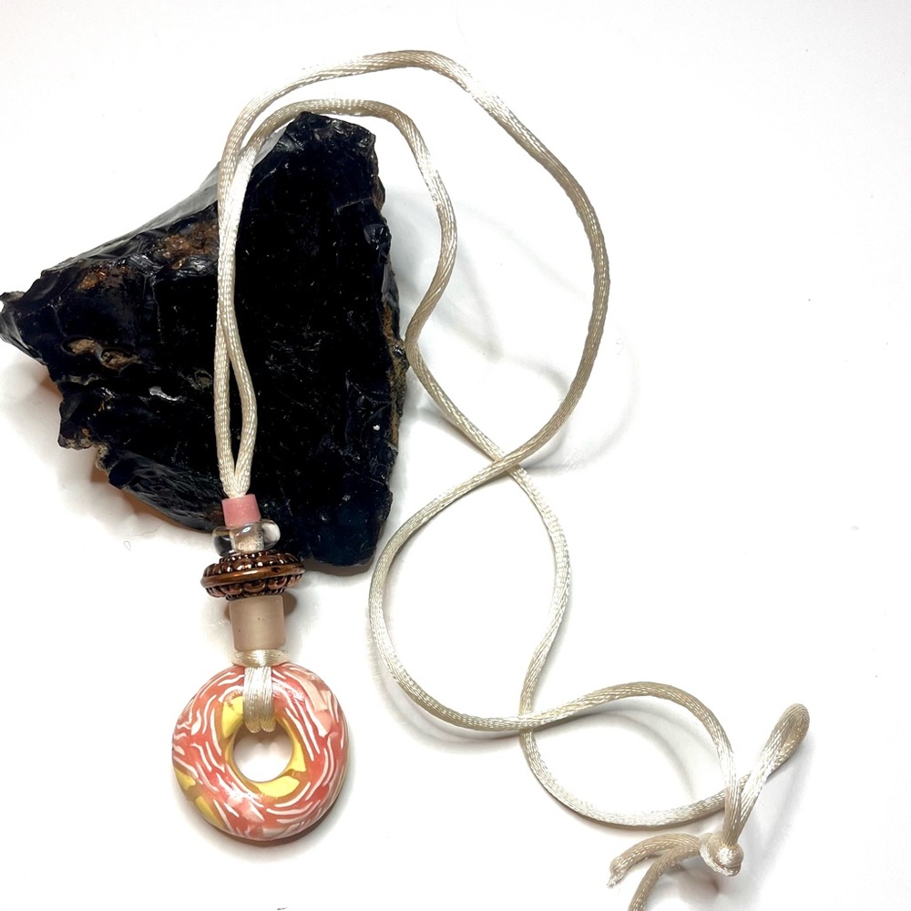 Artisan white, pink, yellow Pendant Necklace On Satin Cord Handcrafted